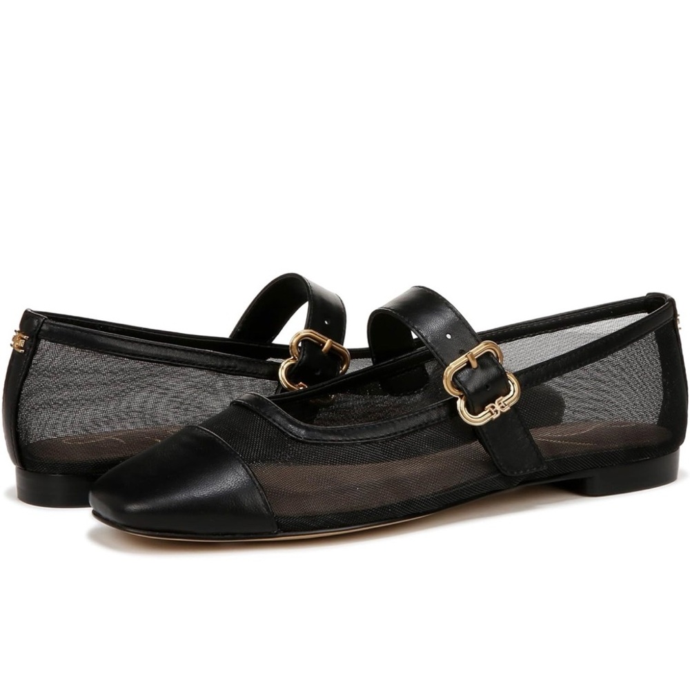 Sam Edelman Black Mesh Mary Jane Flats with Gold Buckle Accent
